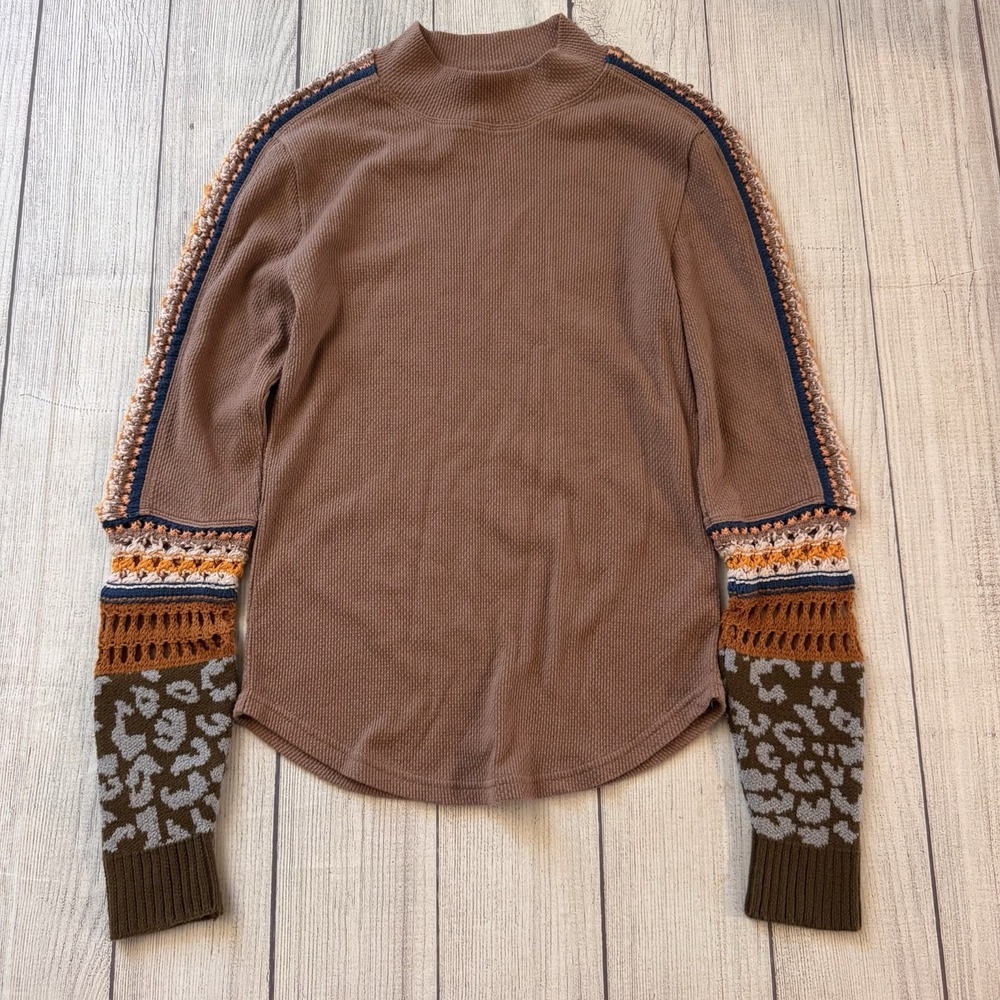 Free People Switch It Up Boho Thermal Knit Decorative Fun Cuff Top Medium Rare